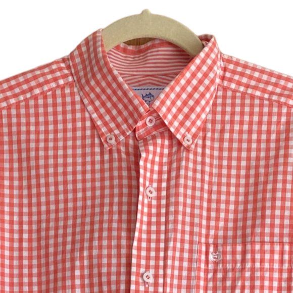 Southern Tide Gingham Contrast Cuff Button Up Shirt Coral Preppy Coastal-M - Picture 3 of 13
